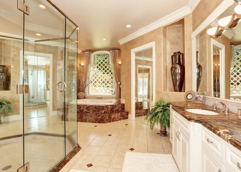 Beautiful luxury marble bathroom interior in beige color